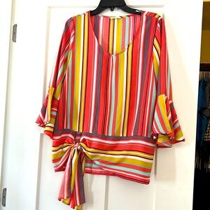 Colorful vneck blouse with bell 3/4 sleeves with tie bottom